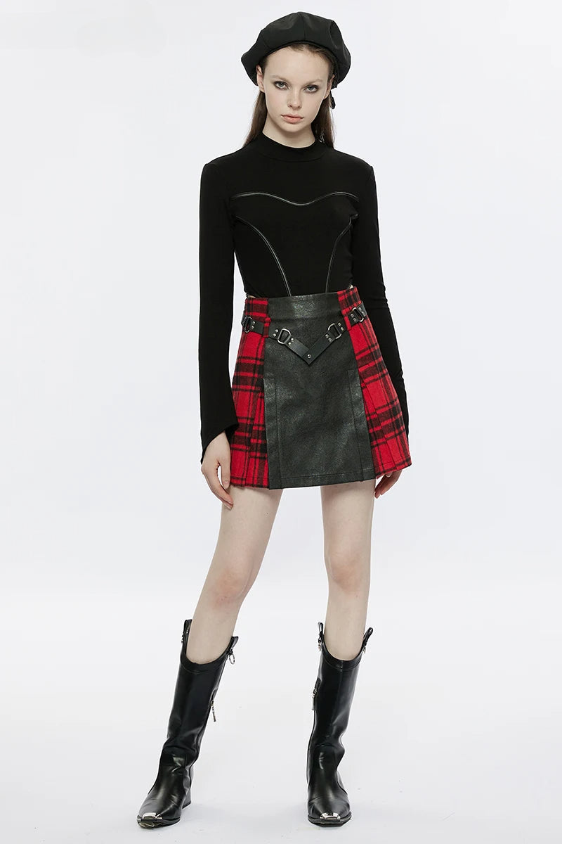 Metal Buckle Black+Red Mini Splicing Daily Skirt Personality A-Line Women's Rivet Belt Plaid