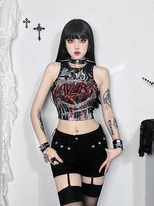 Crop Top Gothic Rivet Graphic Retro Print