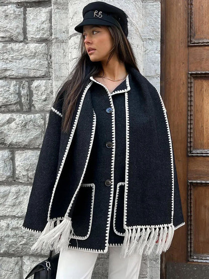 New O Neck Long Sleeve Crochet Contour Scarf Straight Button Pocket Vintage Casual Cozy Coat