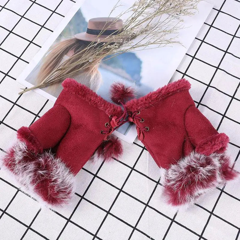 Faux Rabbit Fur Fingerless Winter Warmer Gloves