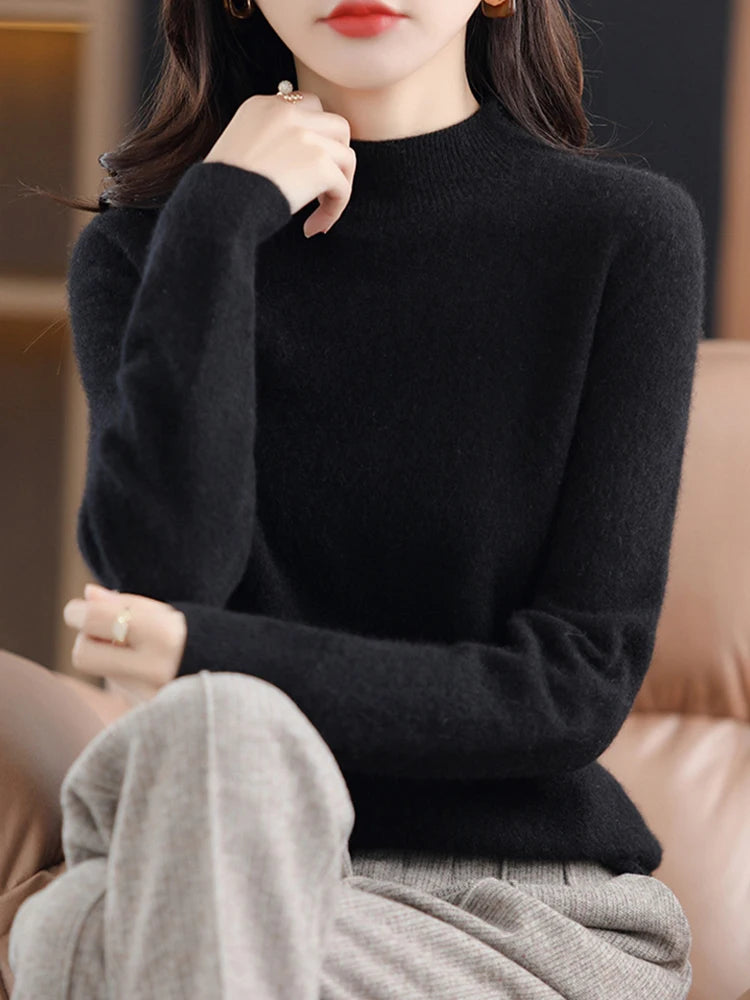 100% Merino Wool Cashmere Women Knitted Long Sleeve Pullovers Autumn Winter Warm Sweater