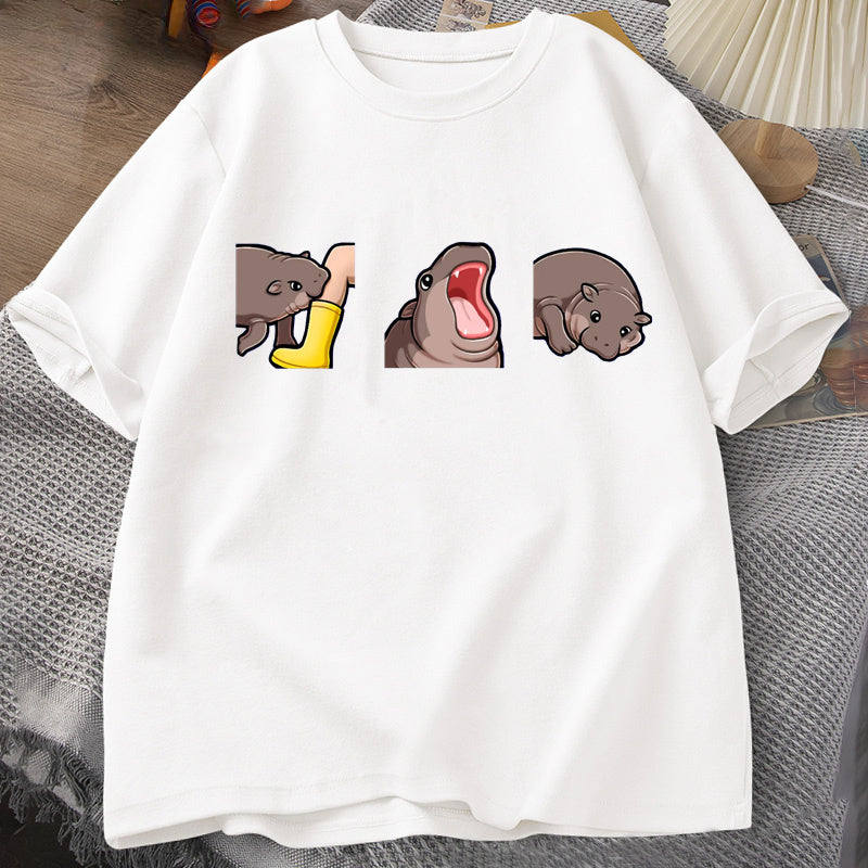 Cute Hippo Lover Graphic Funny Baby Pygmy T-Shirt Gang Cotton Short Sleeve Clothes Moo Deng