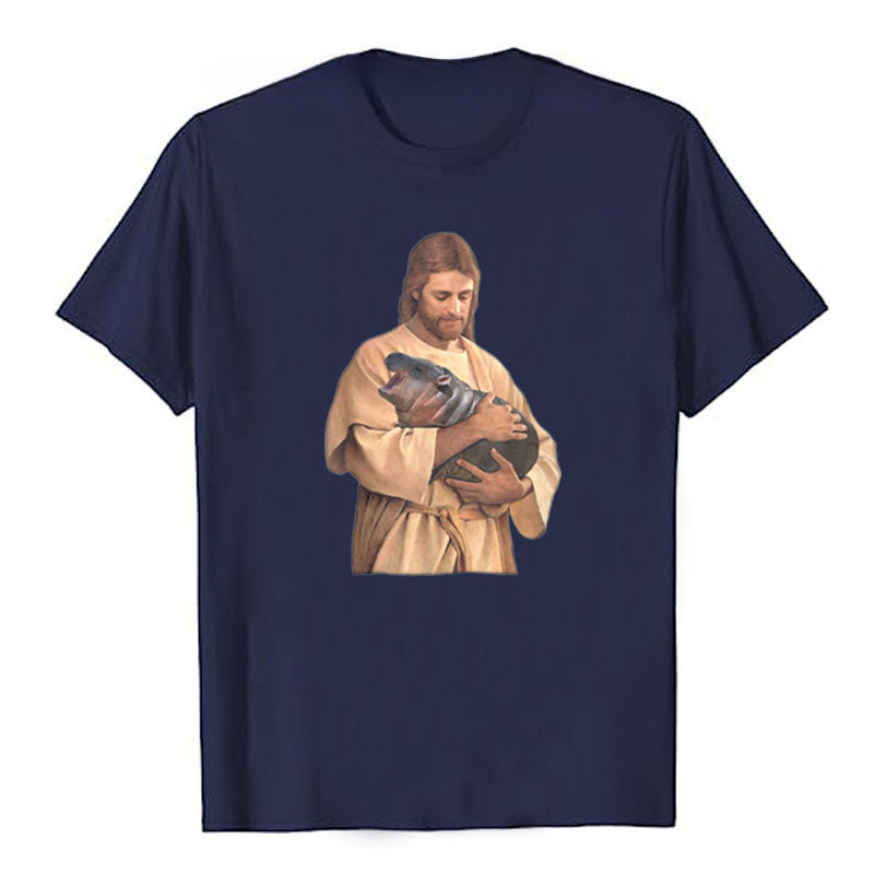 Humor Funny Jesus Loves Bouncy Pig Meme Cute Baby Hippo Graphic Faith Lovely Top Moo Deng