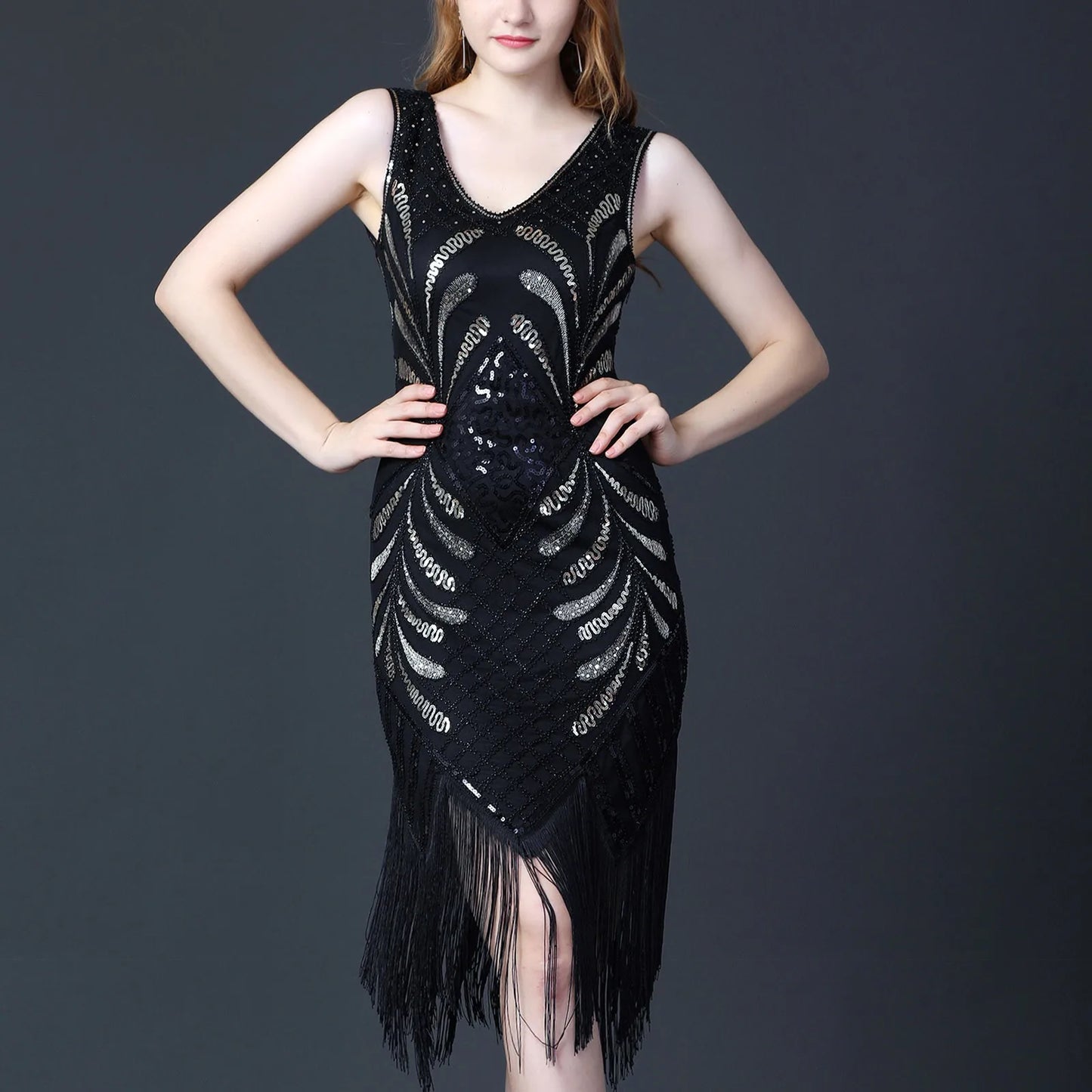 1920s Retro Tassel Prom Sequin Dance Double V Neck Sleeveless Beaded Small Flapper Gatsby Vestidos Dress