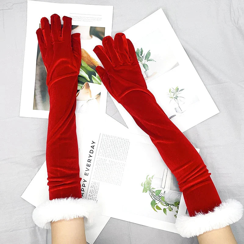 Red Gold Velvet White Plush Full Finger Christmas Party Costume Glove