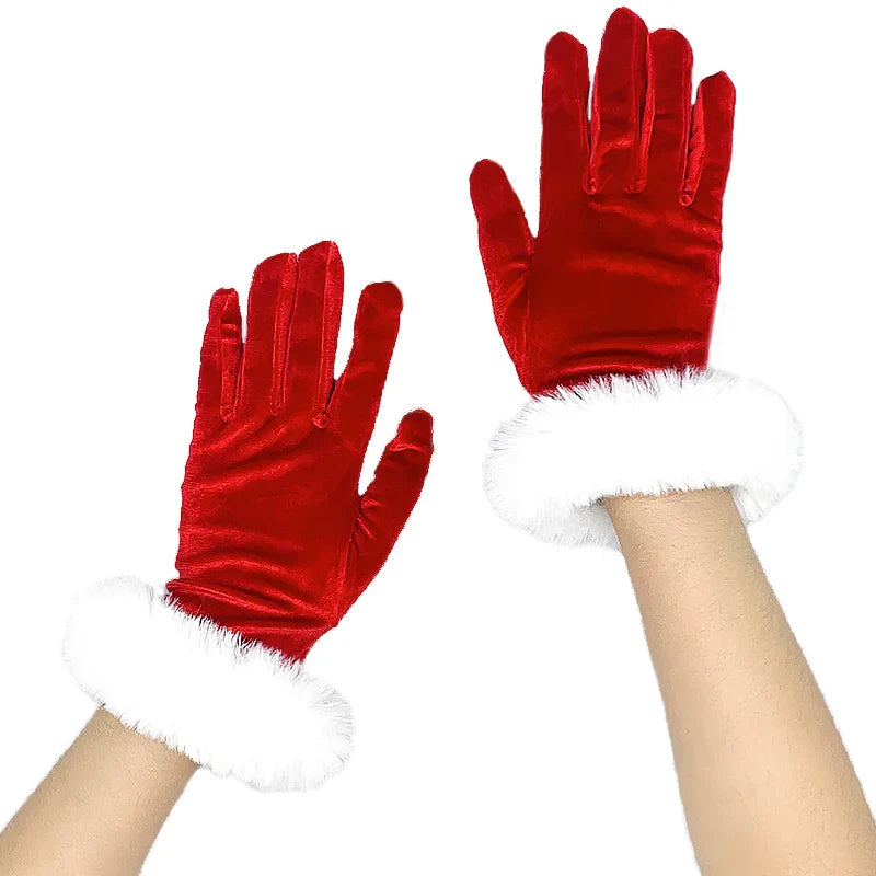 Red Gold Velvet White Plush Full Finger Christmas Party Costume Glove