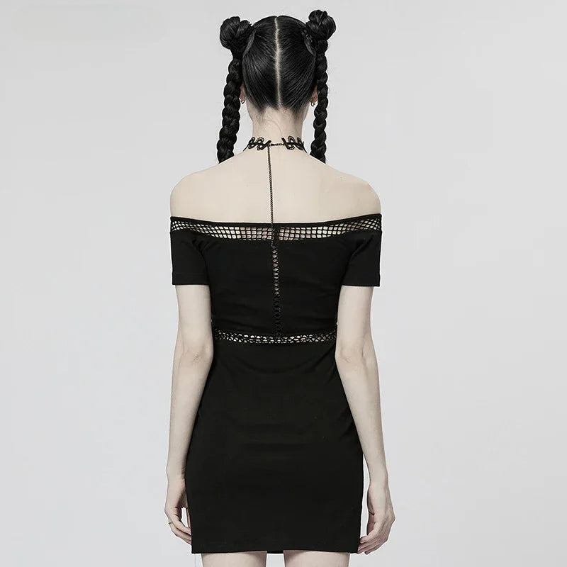 Punk Horizontal Neck Sexy Slim Waist Perspective Mesh Spliced Charm Summer Gothic Dress