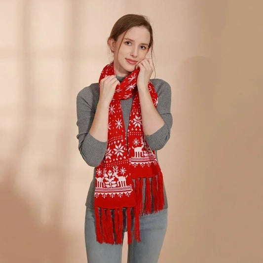 Red Cartoon Reindeer Snowflake Warm Scarf for Christmas