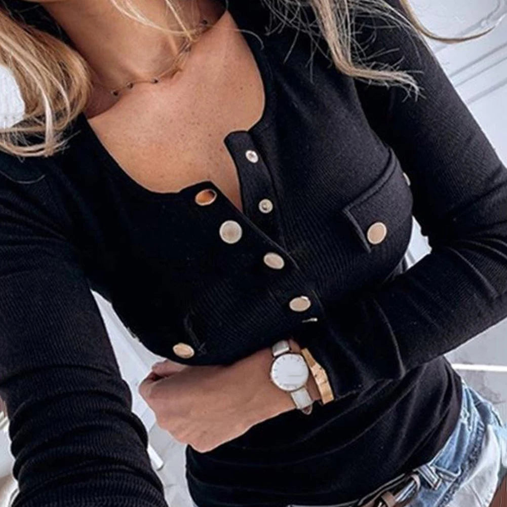 Fashion Sexy Solid Color Button-s Ribbed Low-cut Blouse