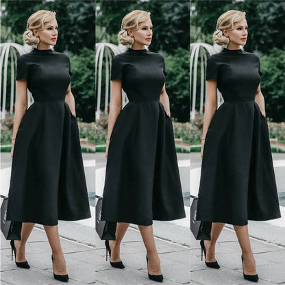 Amy Fashion - Half High Collar High Waist A-Line Dresses Slim Fit Midi Dress