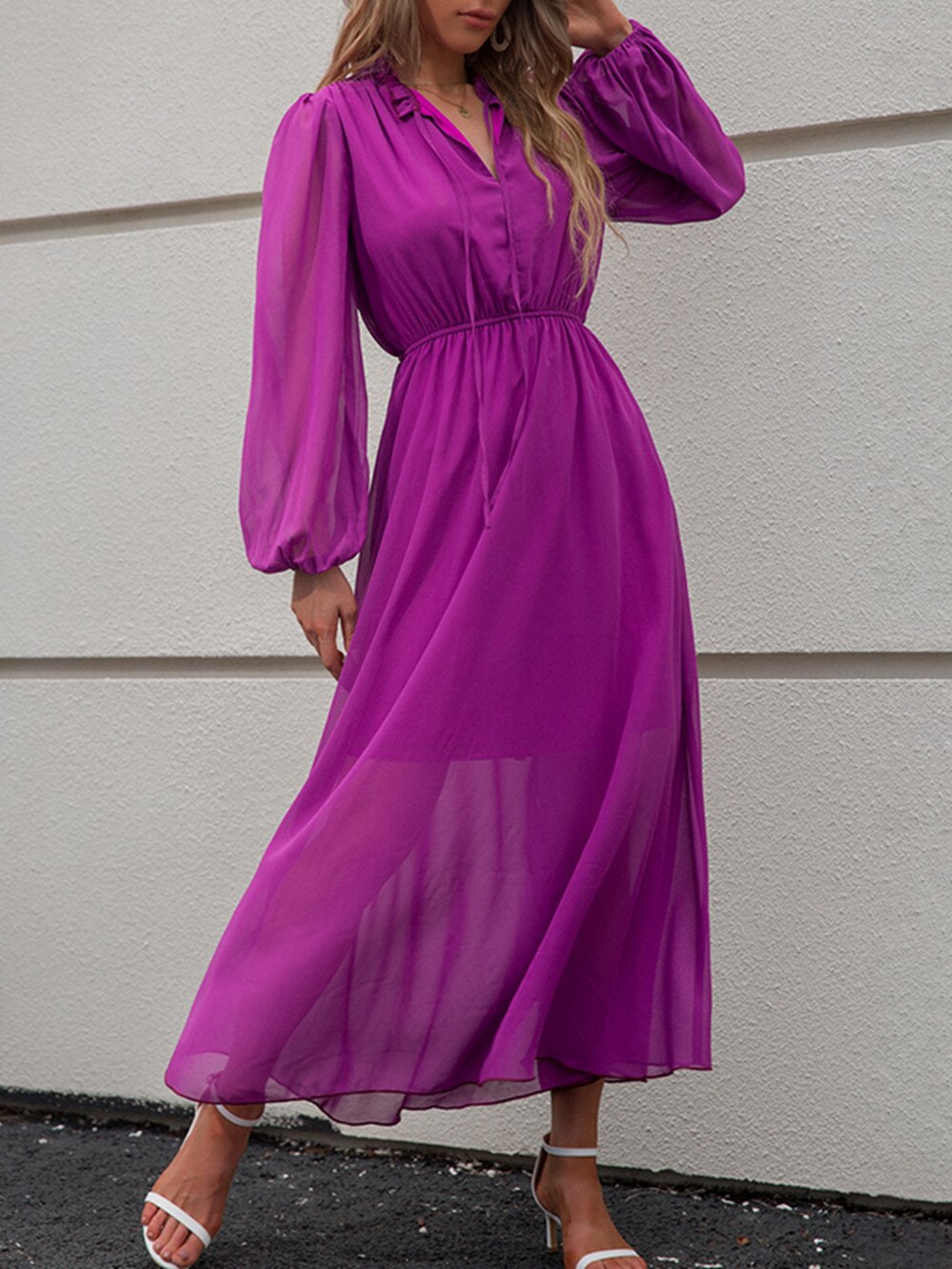 Amy Fashion - V Neck Solid Color Long Sleeve High Waist Purple Tie Dress