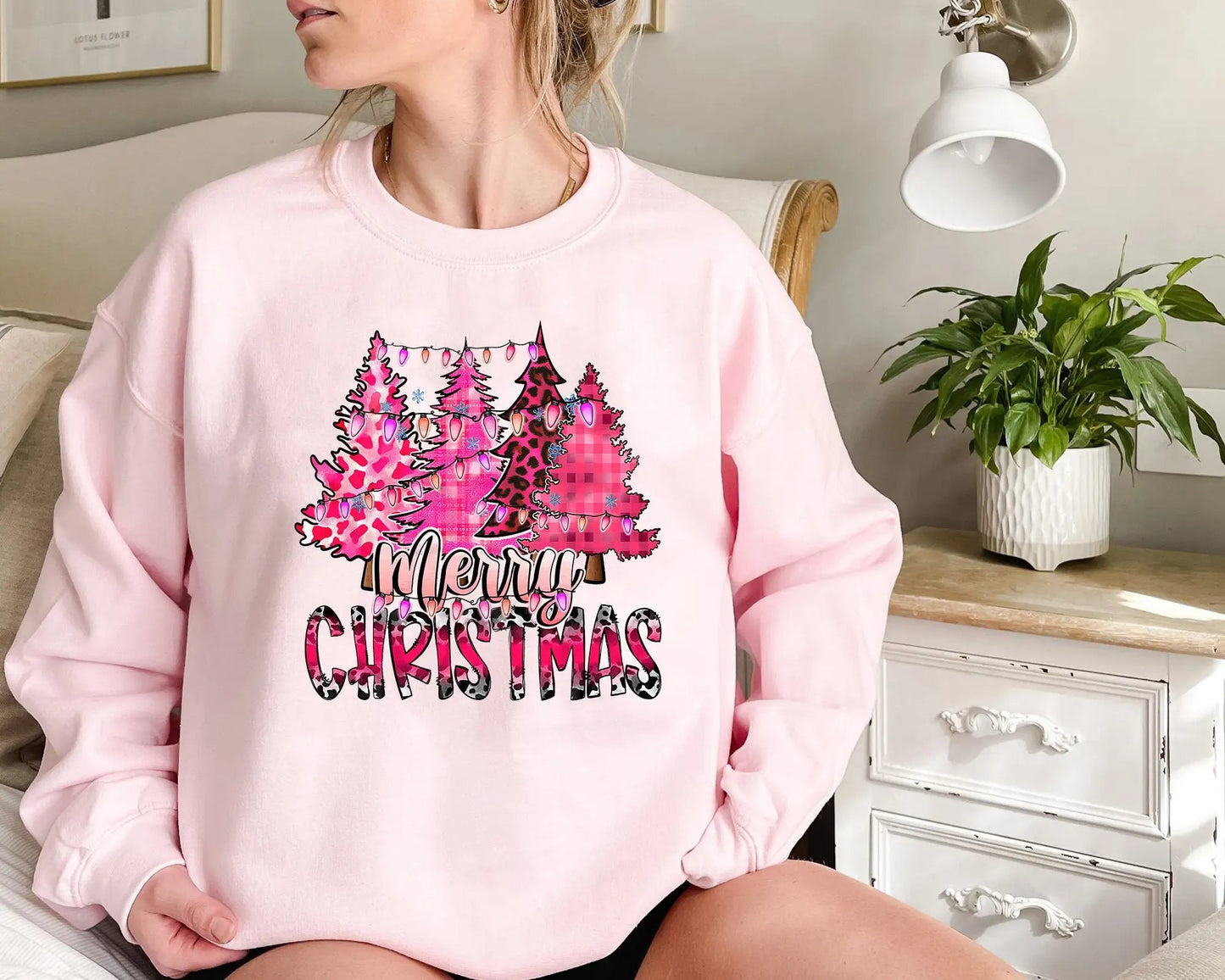 Pink Cartoon Tree Christmas Hoodie for Women