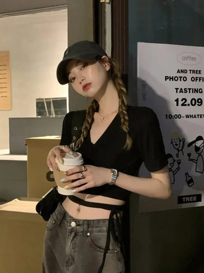 AMY - Solid V-neck Sexy Harajuku Korean Street T-shirts Crop Top