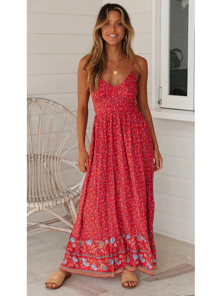 Amy Fashion - Elegant Floral V-Neck Sleeveless Boho Dress