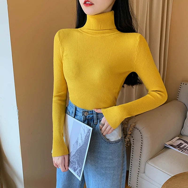 2024 Autumn Winter Women Long Sleeve Knitted Foldover Ribbed Pull Soft Warm Sweater