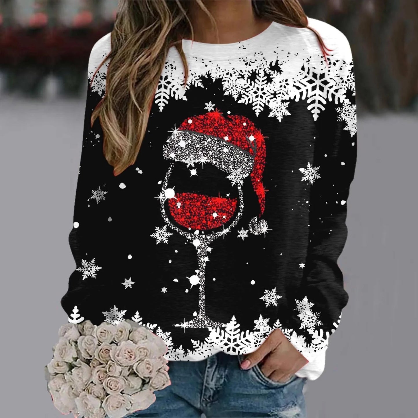 Reindeer Graphic Long Sleeve Sweatshirt - New Year Christmas Sweater