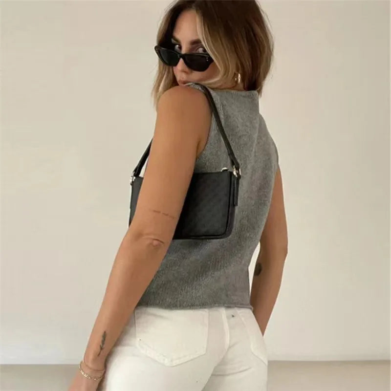 Deep V Sexy Summer New Sleeveless Knitted Simple Street Crop Top