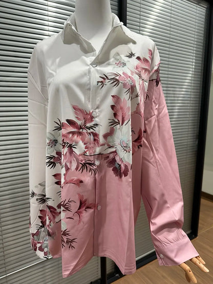 Fashion Spring Autumn Casual Loose Pink Long Sleeve Blouse