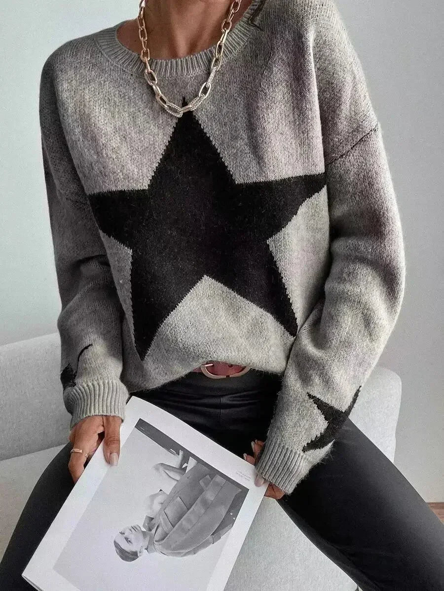 Knitted Loose Casual O-neck Star Thick Elegant Winter Sweater