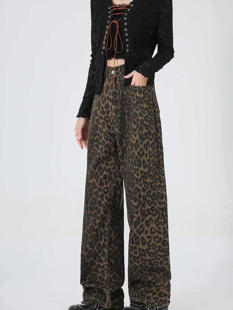 Amy Fashion - 2024 New Leopard Print Wide Leg Women High Waisted Fashion Streetwear Retro Y2K Denim Baggy Casual Straight Jean