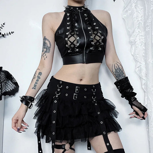 Out Gothic Y2k Sexy Hollowed Crop Top Bandage Lace Up