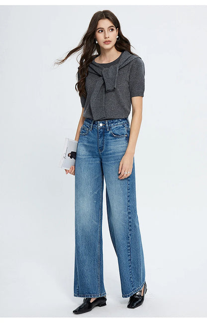 Amy Fashion - 2024 Spring New High-waisted Loose Slimming Wide-leg Denim Versatile Floor-length Jean