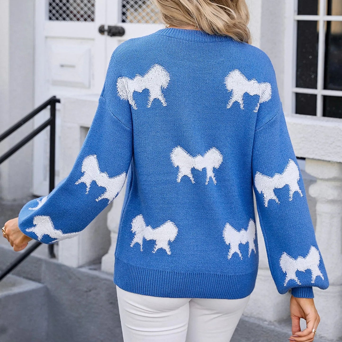 Basic Print Oversize Bow O-Neck White Thick Knitted Christmas Sweater