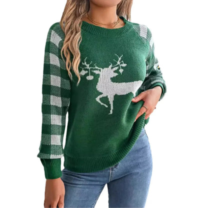 Checkered Deer Long Sleeve Hoodie Red Green Knitted Pullover Christmas Sweater