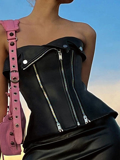 Fashion Black Leather Punk Top Goth PU Crop Zipper