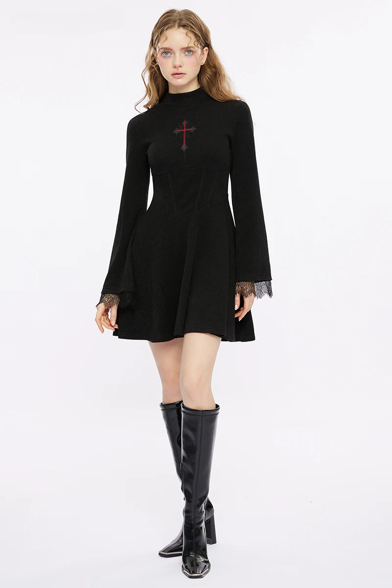 Light Cross Embroidered Basic A Line Flared Cuffs Lace Decorated Sexy Black Gothic Dress