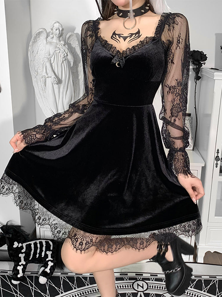 Autumn Vintage V Mini Moon Dark Aesthetic Sexy Black Sleeve Dress Grunge Neck Long