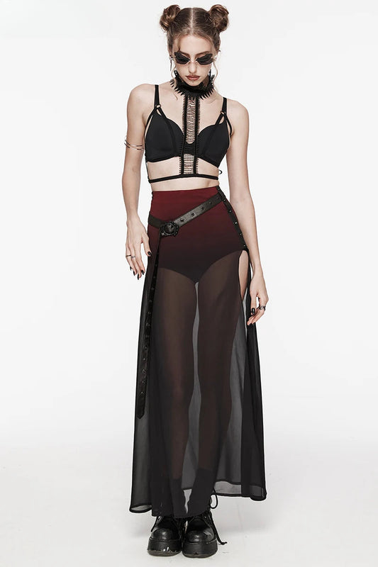 A-line Slit High Women's Knitted Daily Chiffon Gothic & Long Skirt Rubberized Perspective