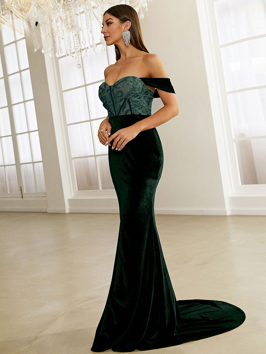 Green Velvet Evening Dress - Off Shoulder Sequin Bodycon Maxi Party Dress