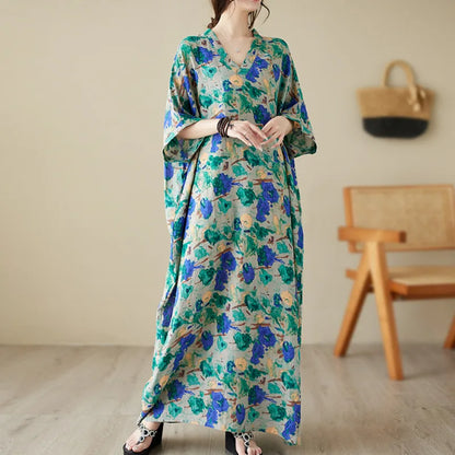 Amy Fashion - Green Red Cotton Linen Print Batwing Sleeve Retro Boho Dress