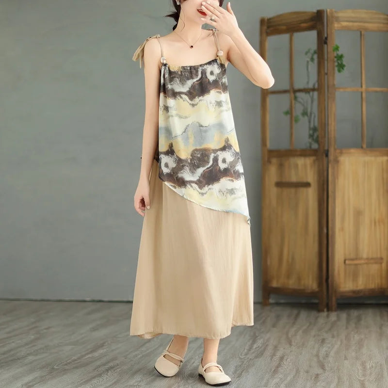 Amy Fashion - Sleeveless Asymmetrical Spaghetti Strap Thin Boho Dress