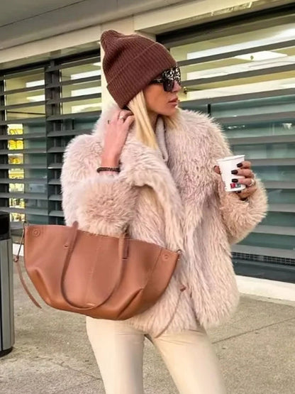 Fashion Faux Fur Cropped Autumn Winter Lapel Long Sleeve Thick Warm Chic Coat