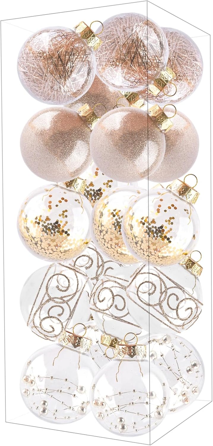 Shatterproof Clear Plastic Christmas Ball Ornaments - Champagne Gold (20 Pcs)