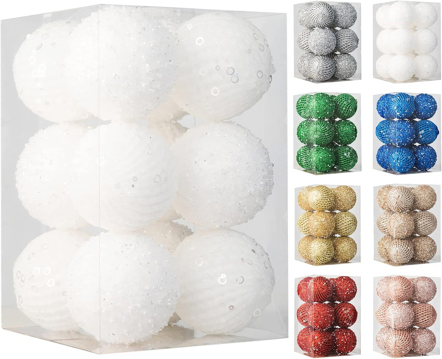 White Glitter Sequin Foam Ball Ornaments - Pack of 12