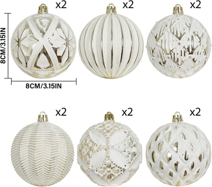 Rustic Christmas Ball Ornaments Set - Farmhouse Distressed Tree Decorations - Shatterproof Antique Style Xmas Hanging Ornaments - White Gold (12Pcs)