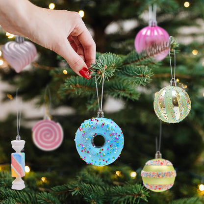 Macaron Christmas Ball Ornaments Set - Shatterproof Cute Donut Lollipop Candy Hanging Decor for Tree Holiday Indoor