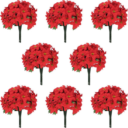 Velvet Red Poinsettia Artificial Christmas Flowers - 8 Pack for Tree Decoration