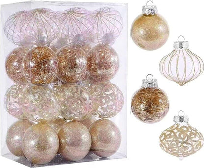 24ct Clear White Plastic Shatterproof Christmas Ornaments Set with Delicate Stuffed Decorations