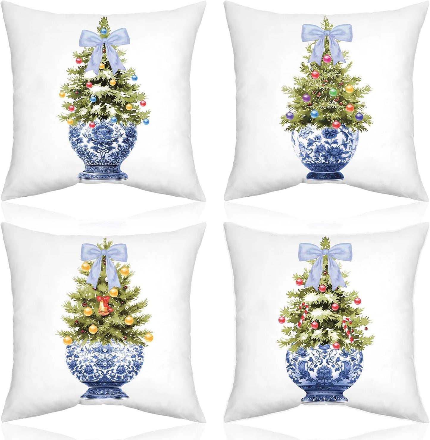 Chinoiserie Blue Christmas Tree Throw Pillow Covers - Set of 4