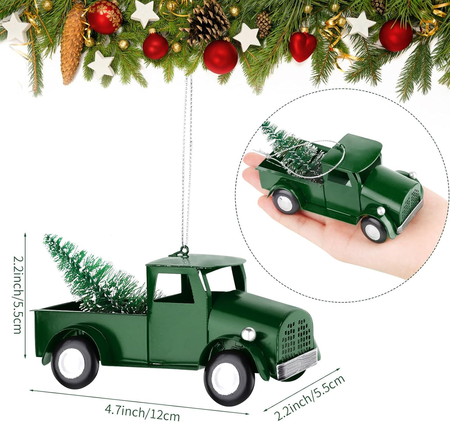 Metal Pickup Truck Christmas Tree Ornaments - Set of 3