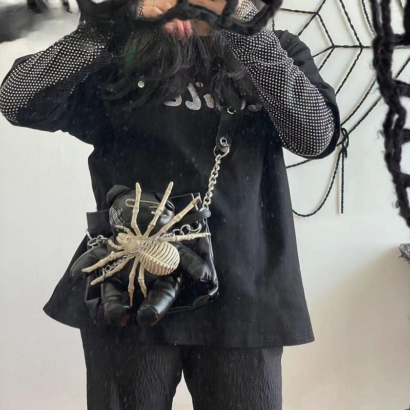 Spider Little Bear Bone Gothic Y2K Bag Harajuku Pin Leather Punk Crossbody Lolita