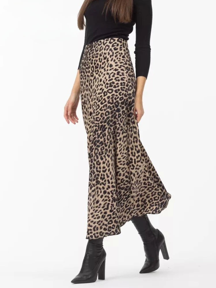 Leopard Printed Long Summer Elegant High Waist Satin Silk A-Line Skirt