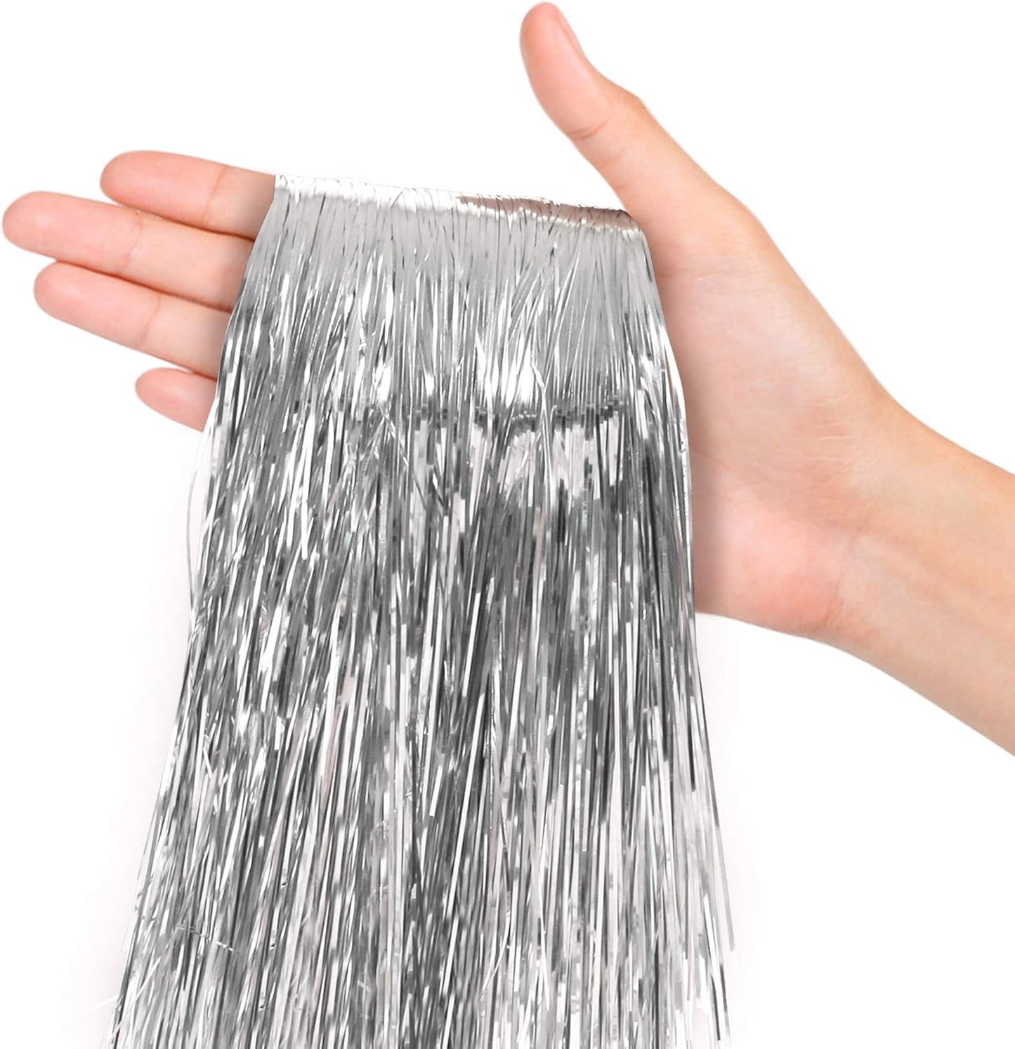 Silver Tinsel Strands Metallic Icicle Streamers for Holiday Christmas Tree and Party Decorations