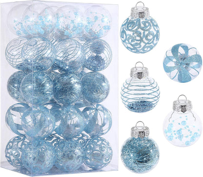 24ct Clear White Plastic Shatterproof Christmas Ornaments Set with Delicate Stuffed Decorations