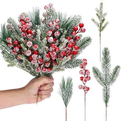 Christmas Snowy Pine Tree Picks Artificial Berry Stems Sprays Faux Cedar Pine Needles Branches - Set of 80