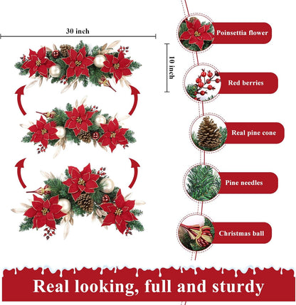 Artificial Red Poinsettia with Pine Cones and Berries - Christmas Swag for Front Door